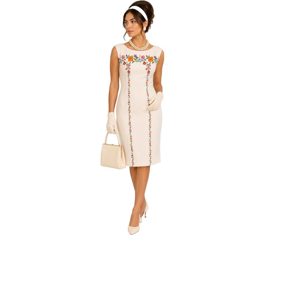 Vintage 1960s Melvine of Miami White Floral Sheath Dress Pearl Shoulder Embellis